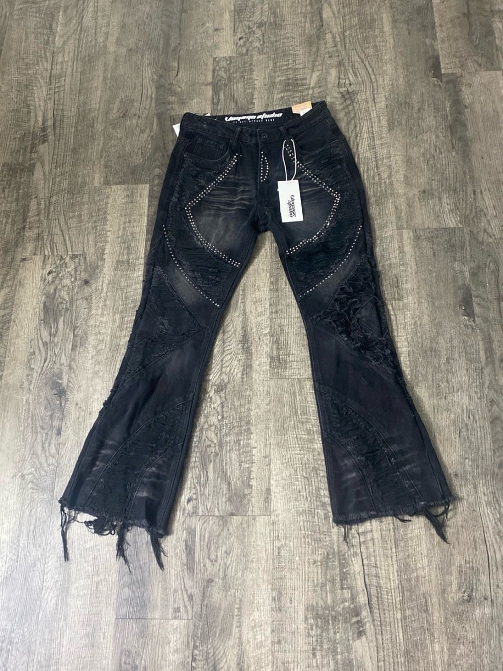 Distressed Black Flare Jeans with Stud Detailing